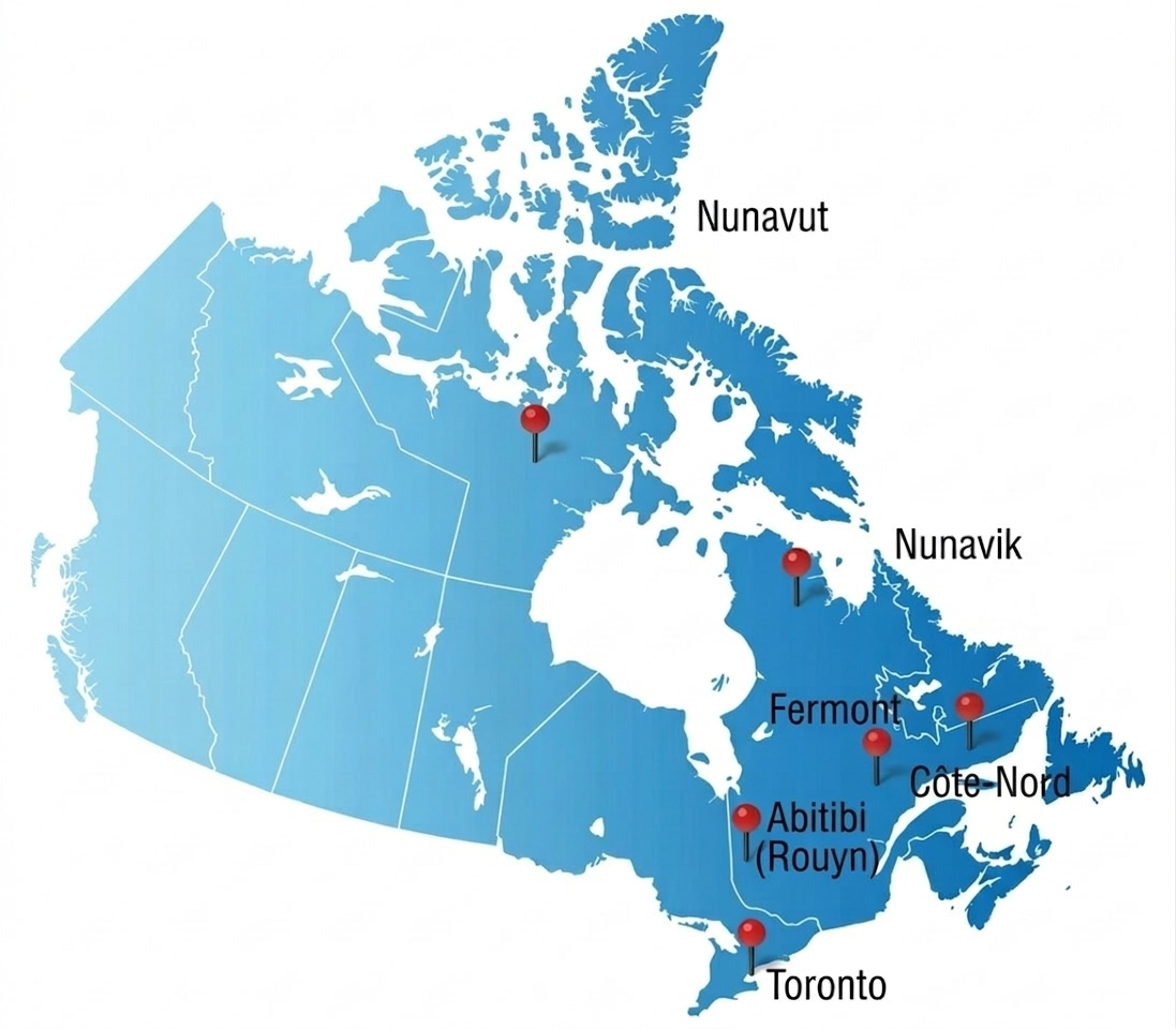 ISL Contrôle operations map with markers on Fermont, Côte‑Nord, Abitibi and Toronto