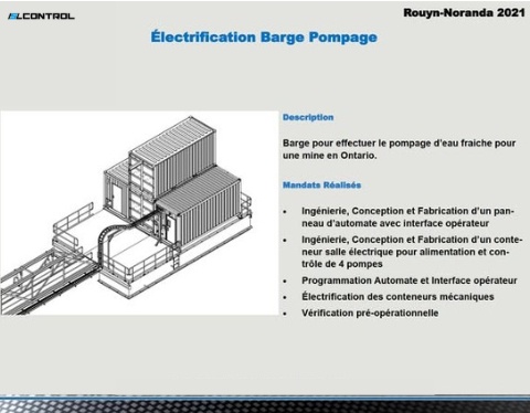 Électrification d'une barge de pompage — conteneurs électriques et automate (Rouyn‑Noranda, 2021)