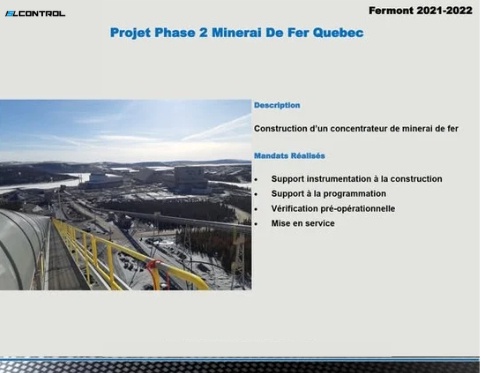 Construction d'un concentrateur de minerai de fer — support instrumentation et mise en service (Fermont, 2021–2022)