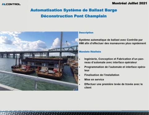 Automatisation du système de ballast — barge de déconstruction du Pont Champlain (Montréal, juillet 2021)