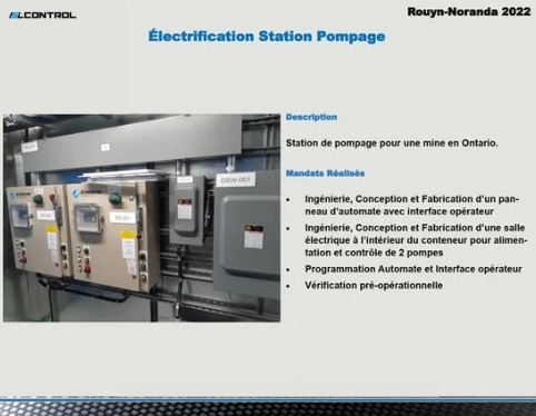 Électrification d'une station de pompage — panneau d'automate et salle électrique pour 2 pompes (Rouyn‑Noranda, 2022)